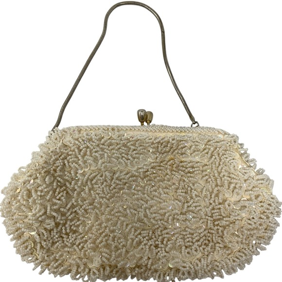 Handmade Handbags - Vintage Beaded Evening Bag Ivory Sequin Gold Satin Interior Wedding Formal 1960s